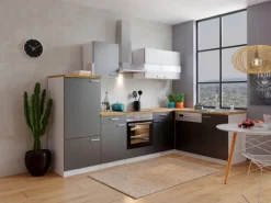 Clearance Respekta Winkelküche KBL280WGCG 280 x 172 cm Grau-Weiß-Butcher Nussbaum