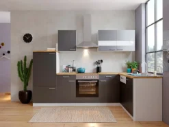 Clearance Respekta Winkelküche KBL280WGCG 280 x 172 cm Grau-Weiß-Butcher Nussbaum
