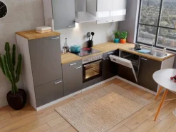 Clearance Respekta Winkelküche KBL280WGCG 280 x 172 cm Grau-Weiß-Butcher Nussbaum