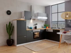 Online Respekta Winkelküche KBL280WSCG 280 x 172 cm Schwarz-Weiß-Butcher Nussbaum