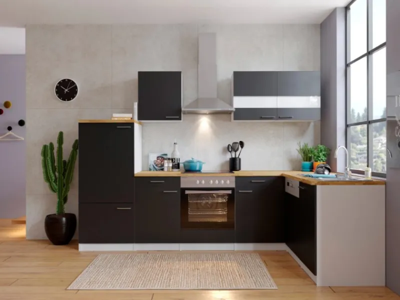 Online Respekta Winkelküche KBL280WSCG 280 x 172 cm Schwarz-Weiß-Butcher Nussbaum