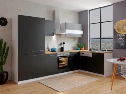 Discount Respekta Winkelküche KBL310WSCGKEG 310 x 172 cm Schwarz-Weiß-Butcher Nussbaum