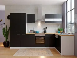 Discount Respekta Winkelküche KBL310WSCGKEG 310 x 172 cm Schwarz-Weiß-Butcher Nussbaum