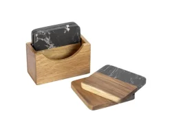 Schöner Wohnen Küchenhelfer<Untersetzer-Set Atami Marmor und Akazienholz Schwarz-Braun 5-tlg.