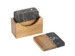 Schöner Wohnen Küchenhelfer<Untersetzer-Set Atami Marmor und Akazienholz Schwarz-Braun 5-tlg.
