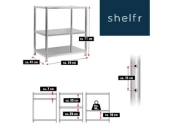shelfr Edelstahl Schwerlastregal bis 120 kg auf 3 Ebenen 74 x 41 x 77 cm< Küchenregale