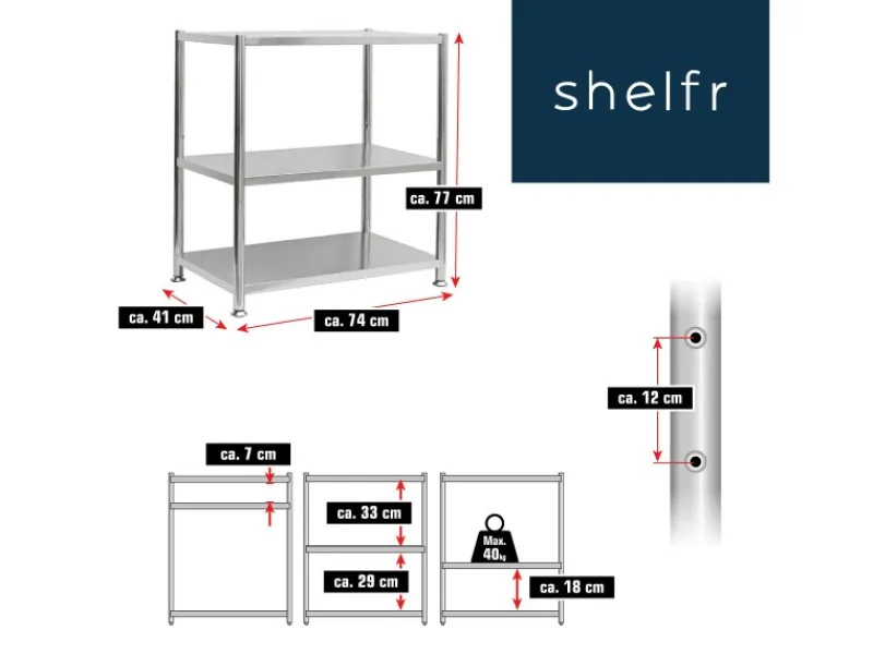 shelfr Edelstahl Schwerlastregal bis 120 kg auf 3 Ebenen 74 x 41 x 77 cm< Küchenregale