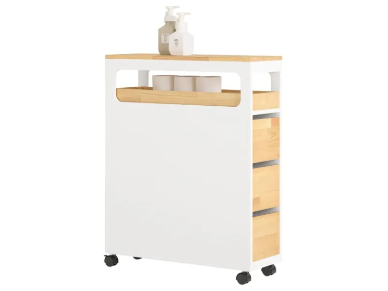 SoBuy Küchenregale|Küchenschränke<Badezimmerschrank Rollwagen mit 3 Schubladen Nischenschrank 24x82x65cm Weiß-Natur BZR54-WN