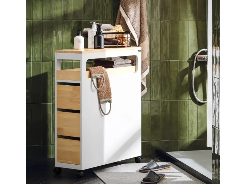 SoBuy Küchenregale|Küchenschränke<Badezimmerschrank Rollwagen mit 3 Schubladen Nischenschrank 24x82x65cm Weiß-Natur BZR54-WN