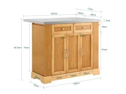 SoBuy Kücheninsel Küchenwagen mit Ausziehbarer Arbeitsplatte Bambus 107x92,5x71cm Natur FKW130-N< Kücheninseln