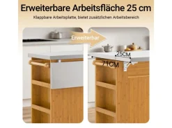SoBuy Kücheninsel Küchenwagen mit Ausziehbarer Arbeitsplatte Bambus 107x92,5x71cm Natur FKW130-N< Kücheninseln