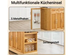 SoBuy Kücheninsel Küchenwagen mit Ausziehbarer Arbeitsplatte Bambus 107x92,5x71cm Natur FKW130-N< Kücheninseln