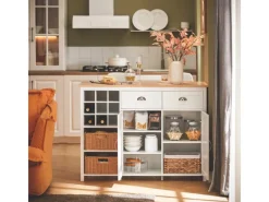 SoBuy Kücheninsel mit 2 Rattankörben Küchenschrank Sideboard Buffet KNL05-W< Kücheninseln|Küchenschränke