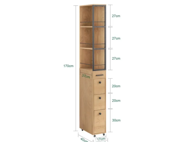 SoBuy Küchenregale<Nischenregal mit Rollen und 3 Schubladen Schmal 20x170x40cm NSR13-N