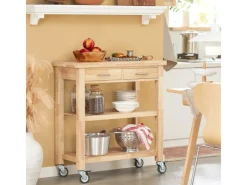 SoBuy Servierwagen mit 2 Ablagen Küchenwagen Küchenregal Kautschukholz 80x90x40cm Natur FKW24-N< Servierwagen|Küchenregale