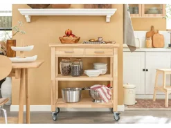 SoBuy Servierwagen mit 2 Ablagen Küchenwagen Küchenregal Kautschukholz 80x90x40cm Natur FKW24-N< Servierwagen|Küchenregale