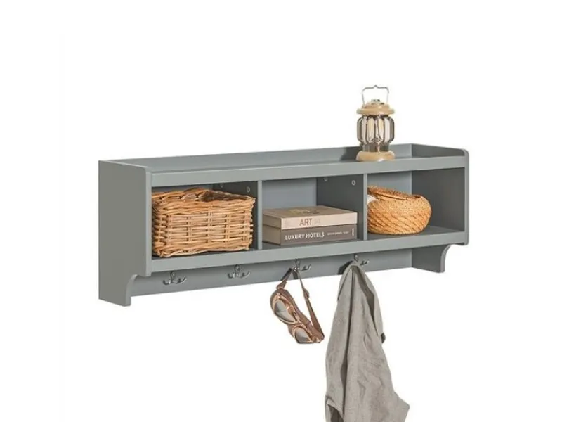 SoBuy Wandgarderobe mit 3 Körben und 4 Haken MDF Grau FHK28-HG< Küchen-Ordnungssysteme