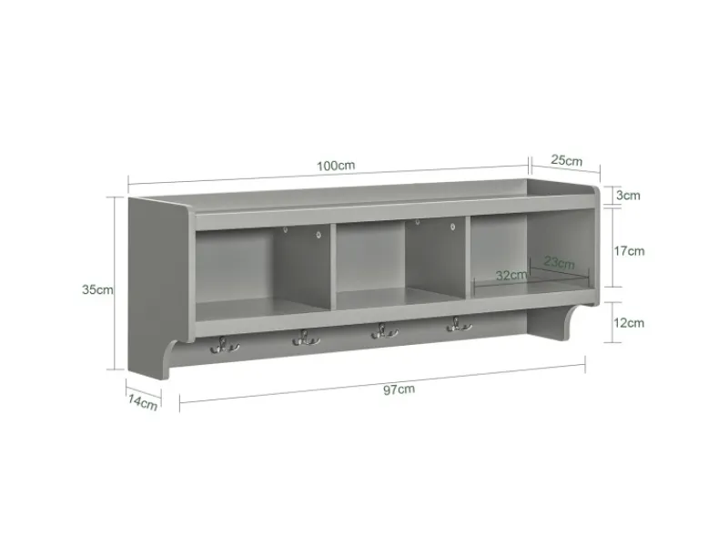 SoBuy Wandgarderobe mit 3 Körben und 4 Haken MDF Grau FHK28-HG< Küchen-Ordnungssysteme