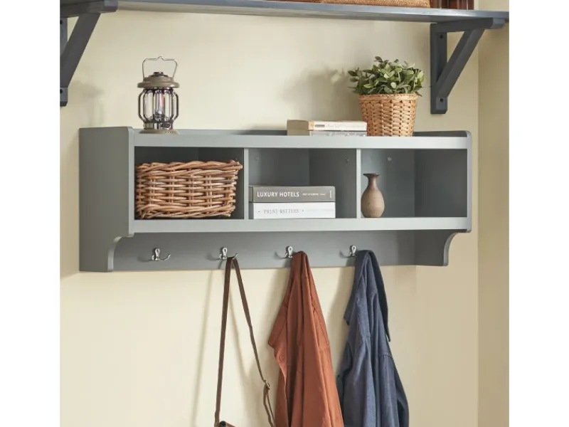 SoBuy Wandgarderobe mit 3 Körben und 4 Haken MDF Grau FHK28-HG< Küchen-Ordnungssysteme