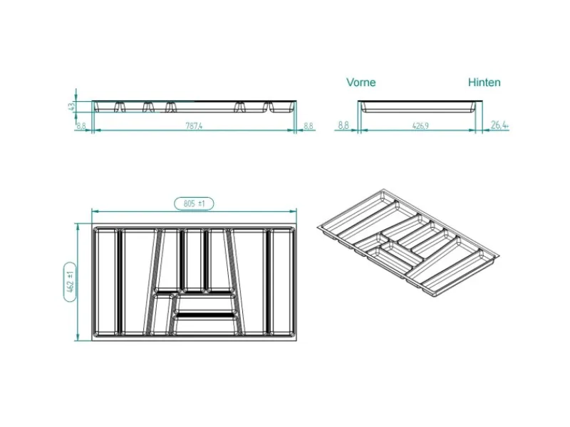 SOTECH Besteckkästen<ORGA-BOX II Besteckeinsatz 900 mm Höhe 45 mm Silbergrau Für Nobilia Schubladen