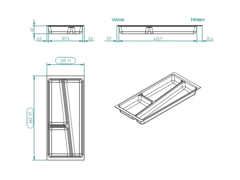 SOTECH ORGA-BOX II Besteckeinsatz 300 mm Höhe 45 mm Silbergrau Für Nobilia Schubladen< Besteckkästen