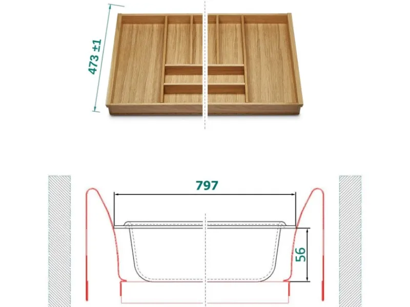 SOTECH Besteckkästen<ORGA-BOX III Eiche Besteckeinsatz 900 mm Höhe 56 mm Für Nobilia Ab 2013 Pronorm und Brigitte Küchen