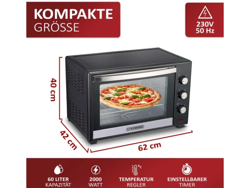 STEINBORG SB-3006 Backofen 60 Liter 2000 Watt Schwarz< Haushaltsgeräte