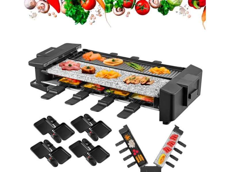 STEINBORG SB-2220 Raclette Grill für 8 Personen mit Teilbarer Kombinierter Grillfläche 1500 Watt< Pfannen|Haushaltsgeräte