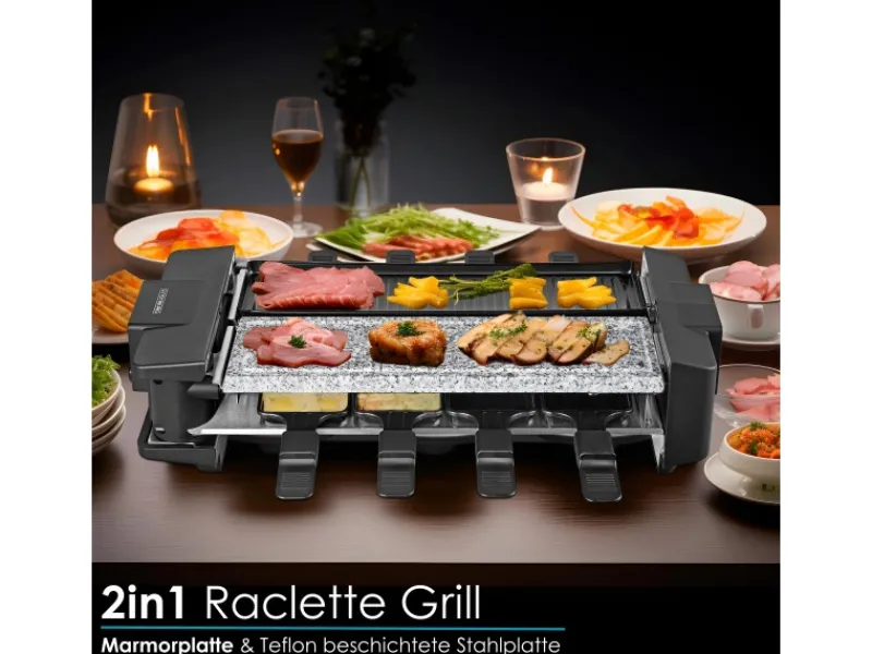 STEINBORG SB-2220 Raclette Grill für 8 Personen mit Teilbarer Kombinierter Grillfläche 1500 Watt< Pfannen|Haushaltsgeräte