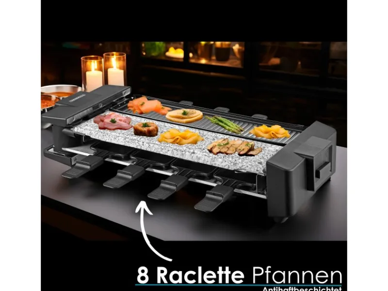 STEINBORG SB-2220 Raclette Grill für 8 Personen mit Teilbarer Kombinierter Grillfläche 1500 Watt< Pfannen|Haushaltsgeräte
