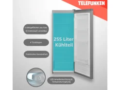 Telefunken Kühlschränke<Kühlschrank 255 Liter Freistehend mit Gemüsefach ohne Gefrierfach LED-Beleuchtung KTFK265ES2