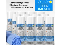 Hot Toldoro Set 12x Edelstahl Pflegespray 400ml  Edelstahlreiniger für Küche oder Grill Edelstahlpflege Spray als Reinigungsmittel oder Metallreiniger