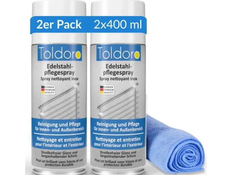 Toldoro Kühlschränke<Set 2x Edelstahl Pflegespray 400ml Edelstahlreiniger für Küche oder Grill Edelstahlpflege Spray als Reinigungsmittel oder Metallreiniger