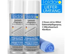 Toldoro Kühlschränke<Set 2x Edelstahl Pflegespray 400ml Edelstahlreiniger für Küche oder Grill Edelstahlpflege Spray als Reinigungsmittel oder Metallreiniger