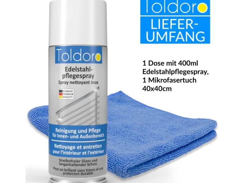 Toldoro Set 1x Edelstahl Pflegespray 400ml Edelstahlreiniger für Küche oder Grill Edelstahlpflege Spray als Reinigungsmittel oder Metallreiniger< Kühlschränke