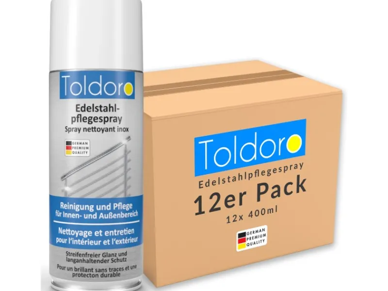 Toldoro 12x Edelstahl Pflegespray 400ml Edelstahlreiniger für Küche oder Grill Edelstahlpflege Spray als Reinigungsmittel oder Metallreiniger< Kühlschränke