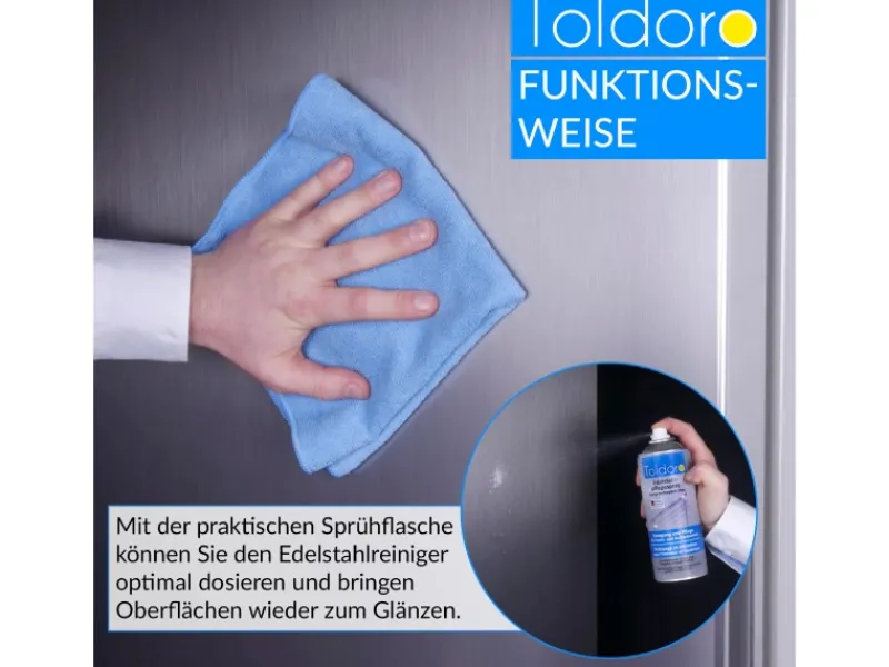 Toldoro 12x Edelstahl Pflegespray 400ml Edelstahlreiniger für Küche oder Grill Edelstahlpflege Spray als Reinigungsmittel oder Metallreiniger< Kühlschränke