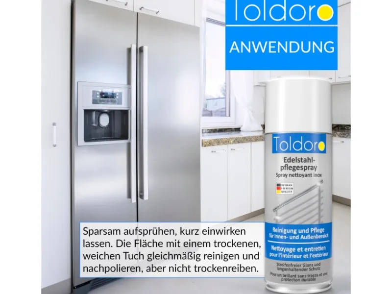 Toldoro 12x Edelstahl Pflegespray 400ml Edelstahlreiniger für Küche oder Grill Edelstahlpflege Spray als Reinigungsmittel oder Metallreiniger< Kühlschränke