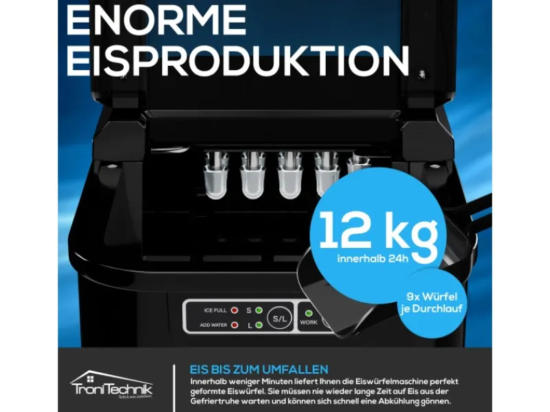 Online Tronitechnik Eiswürfelmaschine Ice Maker Eiswürfelbereiter Schwarz Kunststoff