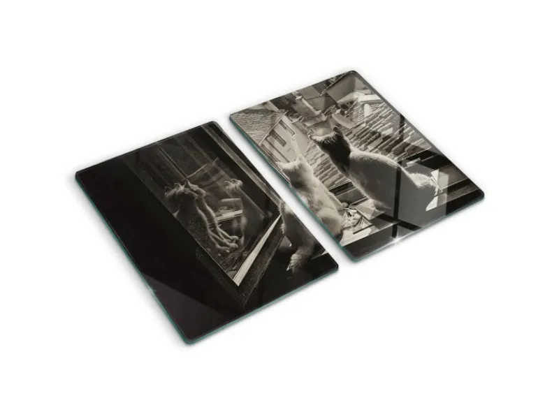 Online Tulup Herdabdeckplatte SET aus 2 Stück 40x52 cm Schneidebrett aus Glas Schutzplatte Spritzschutz Katzen im Fenster Grau