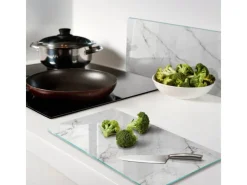 Online Tulup Herdabdeckplatte SET aus 2 Stück 30x52 cm Schneidebrett aus Glas Schutzplatte Spritzschutz Abdeckung Marmor Weiß
