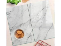 Online Tulup Herdabdeckplatte SET aus 2 Stück 30x52 cm Schneidebrett aus Glas Schutzplatte Spritzschutz Abdeckung Marmor Weiß