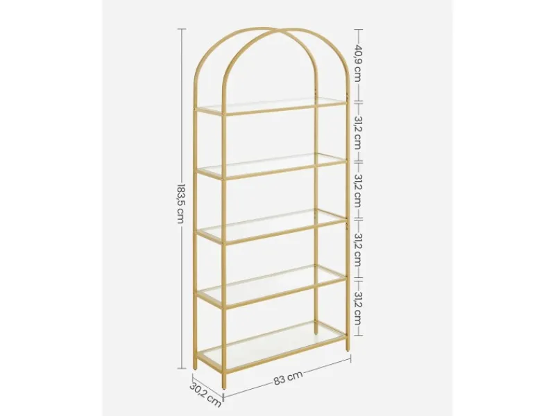 Küchenregale<Vasagle Bücherregal 5 Ablagen Hartglas 30,2 cm x 83 cm x 183,5 cm Gold
