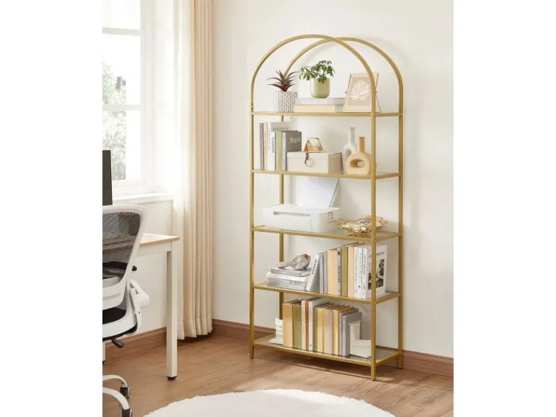 Küchenregale<Vasagle Bücherregal 5 Ablagen Hartglas 30,2 cm x 83 cm x 183,5 cm Gold