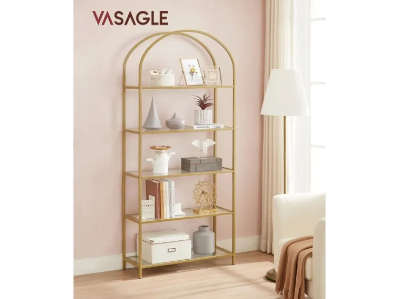 Küchenregale<Vasagle Bücherregal 5 Ablagen Hartglas 30,2 cm x 83 cm x 183,5 cm Gold