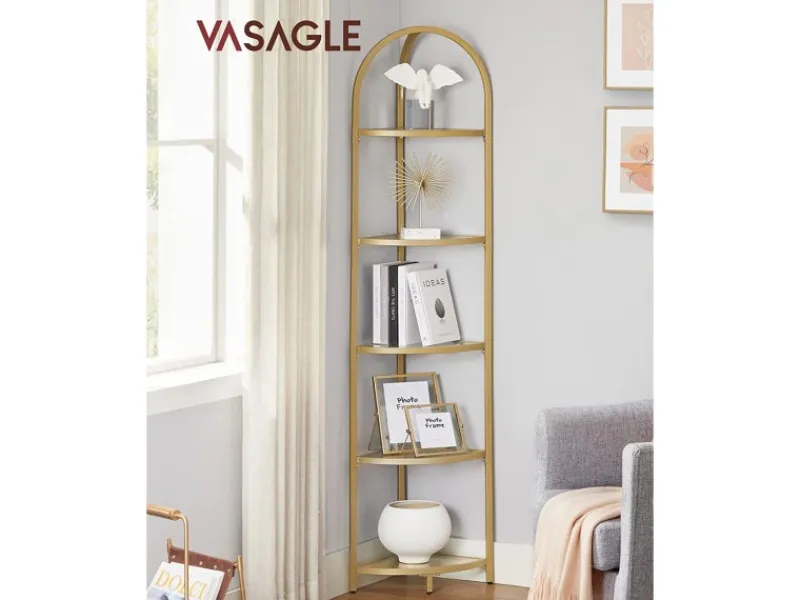New Vasagle Eckregal 5 Ebenen Hartglas 28 cm x 28 cm x 158 cm Gold