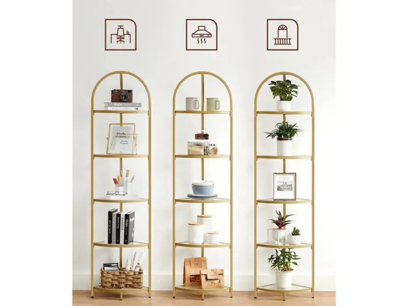 New Vasagle Eckregal 5 Ebenen Hartglas 28 cm x 28 cm x 158 cm Gold