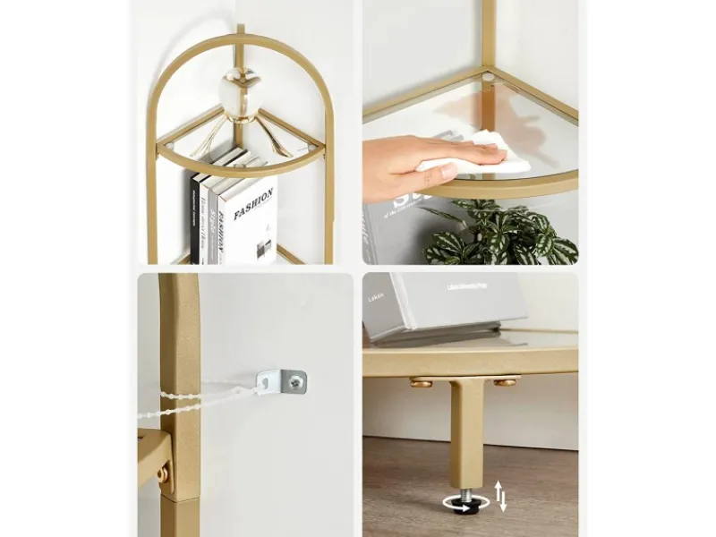 New Vasagle Eckregal 5 Ebenen Hartglas 28 cm x 28 cm x 158 cm Gold