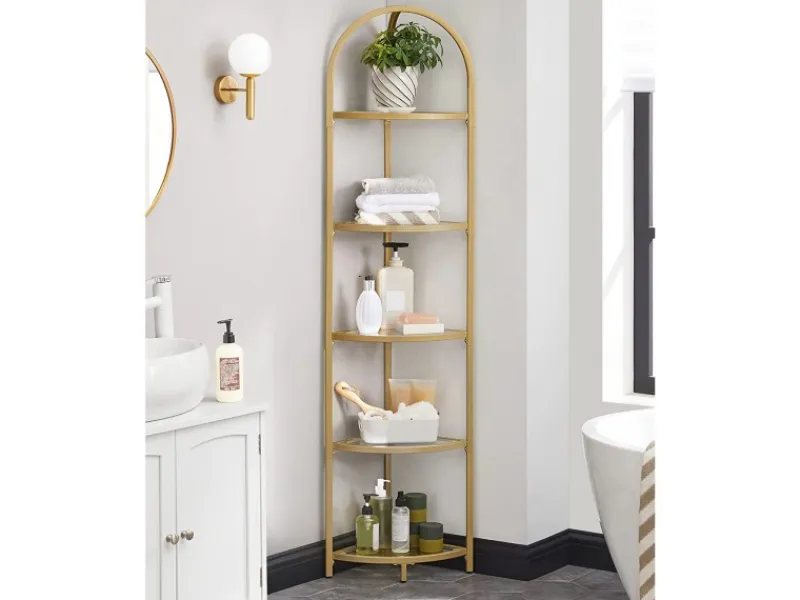 New Vasagle Eckregal 5 Ebenen Hartglas 28 cm x 28 cm x 158 cm Gold