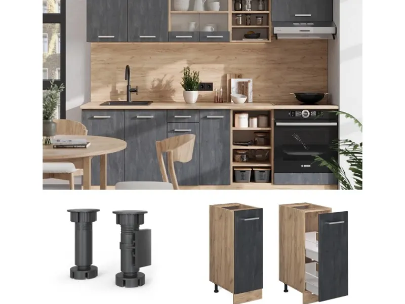 Küchenschränke<Vicco Apothekerschrank R-Line Medizinschrank für die Küche Schwarz Beton 30 cm AP Anthrazit mit Goldkraft Eiche Korpus